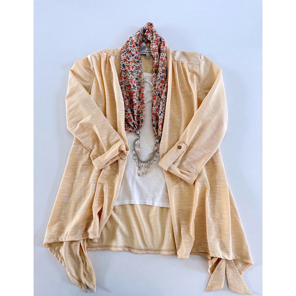 Lynn Ryan Women Peach Open Front Cardigan with Floral Scarf Jewel Necklace S